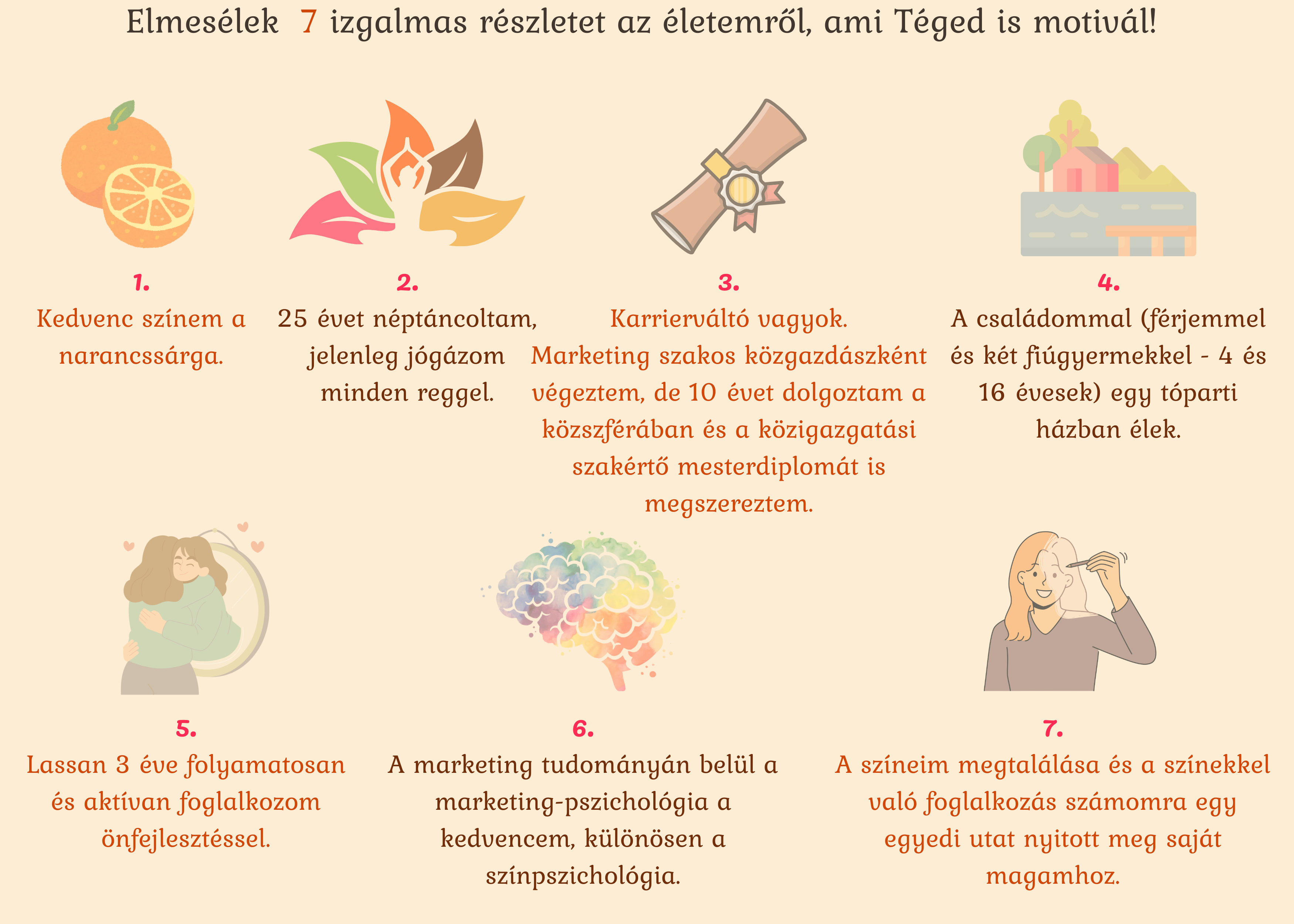 Tények róla: jóga, marketing, közigazgatás, önfejlesztő édesanya, önkifejezés színekkel, színtanácsadás, egyedi utazás